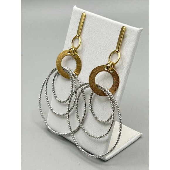 Two Tones Silver Gold Dangles Earrings Intersecting Circles Designer Signed - Picture 4 of 6